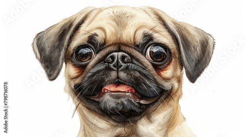 pug watercolor portrait, cute puppy, hand drawn illustration