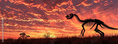 A silhouette of a dinosaur skeleton against a dramatic sunset, depicting a prehistoric landscape.