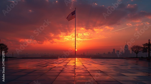 The USA flag flies at half-mast against a dramatic sunset, reflecting the nation’s mourning and respect on Memorial Day or Veterans Day.