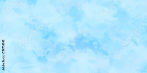 Abstract watercolor background . Grunge wallpaper of blue sky with white clouds . Summer heaven bright cloudscape . 