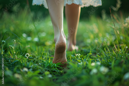 A woman wearing a summer dress walking barefoot on the grass, seen close-up from behind