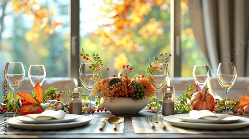 Seasonal Decor Festive Table: A 3D vector illustration showcasing festive table decor for seasonal celebrations