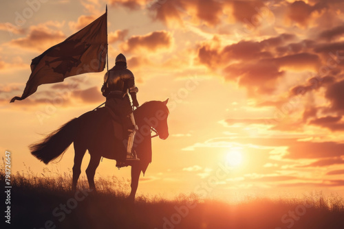 Silhouette of Brave Knight in Shining Armor Charging Forward at Sunset