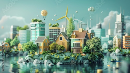 Sustainable Living Technology: A 3D vector illustration showcasing innovative technologies for sustainable living