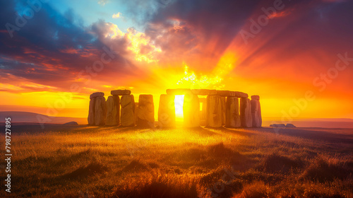 Summer Solstice Sunrise and Sunset Glow over Stonehenge Stones and Fields, Sun Equinox And Ancient Sites In Nature