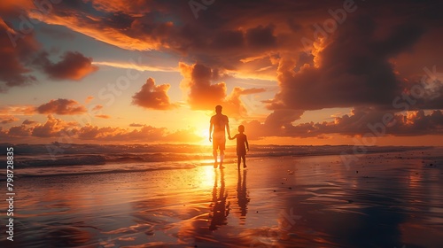A silhouette of an adult and a child holding hands on a beach at sunset, reflecting on the wet sand.