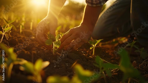 farmer sows vegetable seeds on prepared soil, Generative AI,