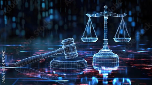 Futuristic justice background Judge's gavel and scales standing on virtual table in digital cyberspace