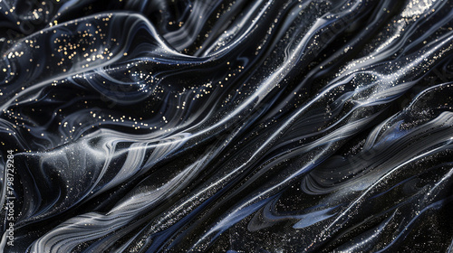 Velvet charcoal marble ink flowing across a dusky abstract environment, illuminated by subdued glitters.