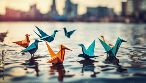 Colorful origami birds on the water in a big city, ai