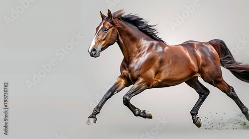 A majestic brown horse in full gallop against a neutral background, showcasing the beauty of its powerful movement. 