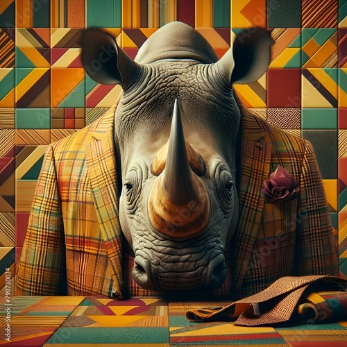 Formally dressed rhinoceros in realistic f12 aperture photo