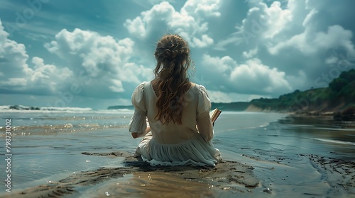 A tranquil scene of a woman sitting on the beach, gazing at the horizon over a calm sea under a dramatic sky. 