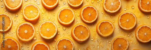 abstract slices citrus orange fruit and water drops on a bright yellow background, shot from above, healthy fresh tasty food, citrus fruit advertising background, wallpaper, marketing