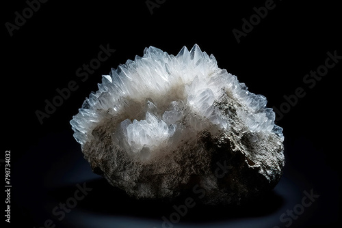 Natrolite is a rare precious natural stone on a black background. AI generated. Header banner mockup with space.