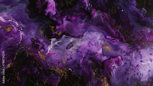 Twilight violet marble ink dancing amidst a somber abstract canvas, illuminated by subdued glitters.