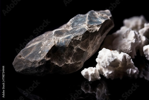 Pharmacolite is a rare precious natural stone on a black background. AI generated. Header banner mockup with space.