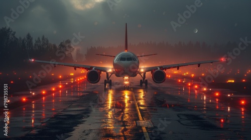 the plane is ready to take off from the runway with lights pointing it in that direction