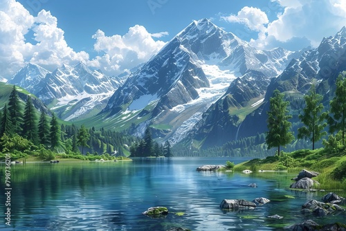 Serene mountain landscape with snowcapped peaks and a crystalclear lake, ideal for a refreshing background illustration