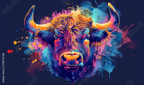 abstract illustration of a bull in childish style, logo for t-shirt print
