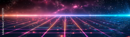 Retro 80s style neon grid background with glowing purple and blue lines on a dark backdrop