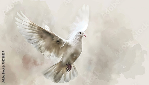 painting of Holy spirit dove flies in blue sky, bright light shines from heaven, christian symbol, gospel story