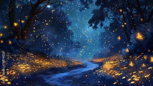 Illustration of a whimsical forest with glowing fireflies and a meandering brook under a starry night sky