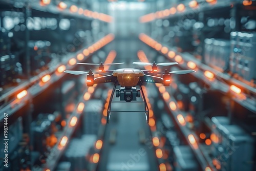 A drone flies in a warehouse. The warehouse is full of boxes and crates. Modern delivery concept