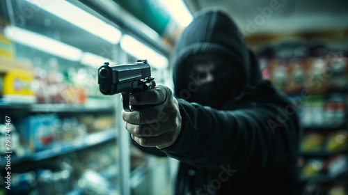 A man wearing a mask is holding a gun directed towards the camera. The individual's face is concealed, highlighting themes of robbery, crime, and violence.