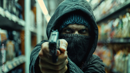A man wearing a mask is holding a gun directed towards the camera. The individual's face is concealed, highlighting themes of robbery, crime, and violence.