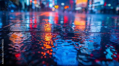 Wet pavement reflects city lights, creating a beautiful blue glow in the morning