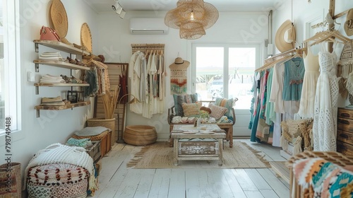 A boho chic fashion boutique in a beach town, where vacationers can find unique, breezy outfits