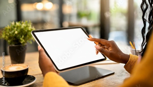 Tablet held by Woman in an Office - Mockup for Application or Web Design - Template for Presentation of Graphic Design - Corporate Representation at Consumers