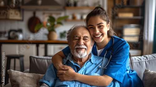 Warm Embrace in a Cozy Home. Smiling Elderly Man with Caring Nurse. Conceptualizing Compassion and Elderly Care. Lifestyle Portrait, Health Services. AI