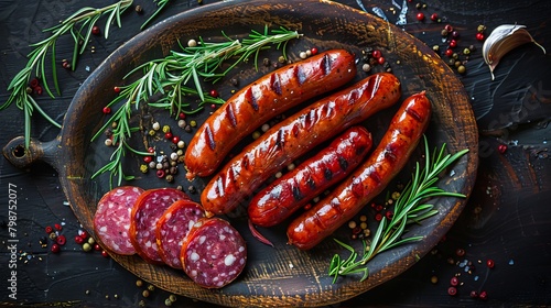 Grilled sausages on a plate with herbs and spices.