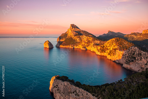 Sunset over the sea and cliffs in Mallorca