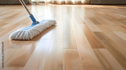 Cleaning of parquet floor with mop indoors 