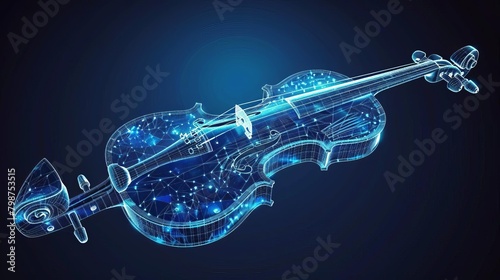 A digital blue and black violin made of tiny dots and lines on a dark blue background.