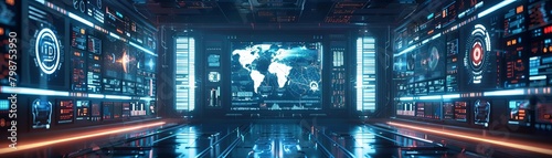 A futuristic control room with a large world map display and various other screens and readouts.