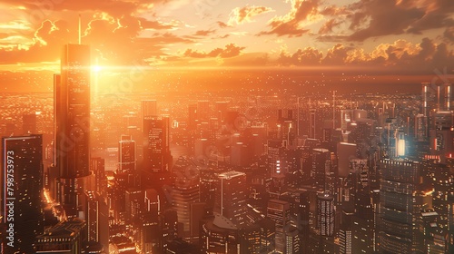 An establishing shot of a futuristic city with a large tower in the center. The sky is orange and the sun is setting.