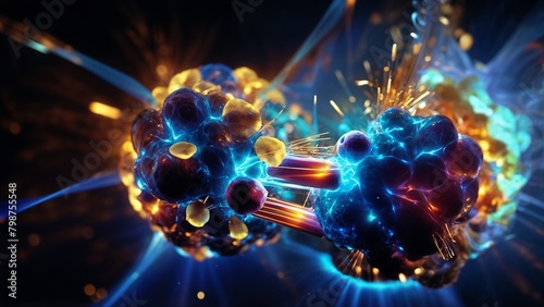 close-up, detailed visualization of two hydrogen isotopes, deuterium and tritium, as they collide and fuse into helium. Highlight the release of a neutron and the burst of energy in the form of light 