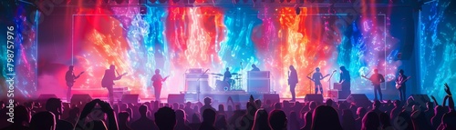 Wide angle shot of a concert stage featuring a band performing with holographic musicians and dancers, creating a visually stunning and immersive live music experience