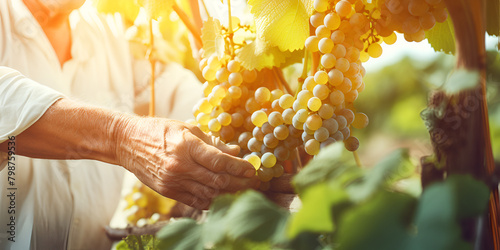 an old Woman picking ripe grapes in vineyard, closeup view in the background 