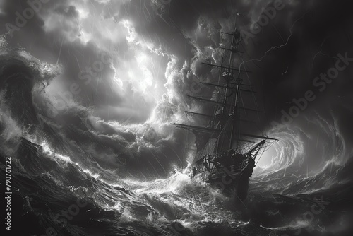Dark clouds gather overhead, casting an ominous shadow over the ship being consumed by the powerful whirlpool