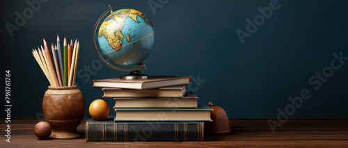 Stack of books,globe and pencils on a school table against a blackboard. Back to School Concept.
