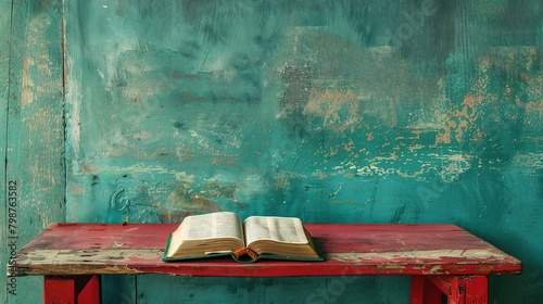 Open bible on a red old wooden table. Beautiful green wall background