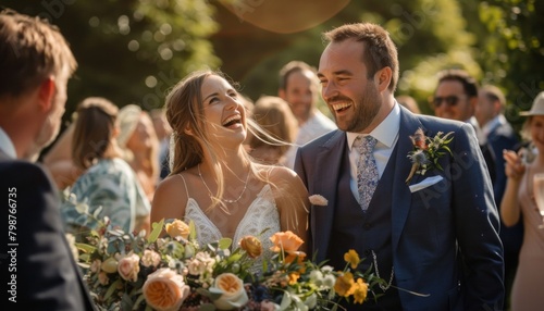 Joyful bride and groom laughing at wedding reception