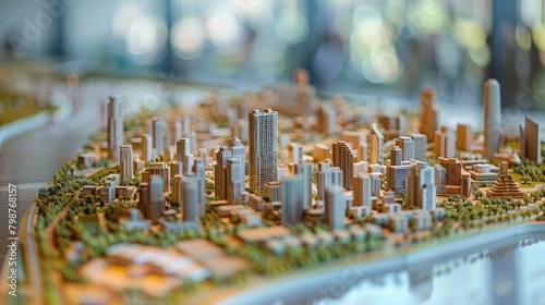 A miniature model of a city with skyscrapers and greenery