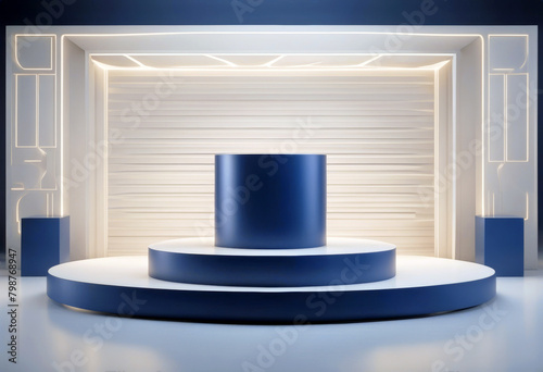 'backdrops blank Navy background 3D rendering podium product splay stand blue pedestal advertising poduim digital neon banner award exhibition round geometric object floor room classic'