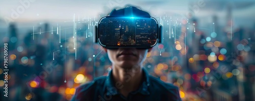 A person wearing a virtual reality headset with a futuristic city in the background.